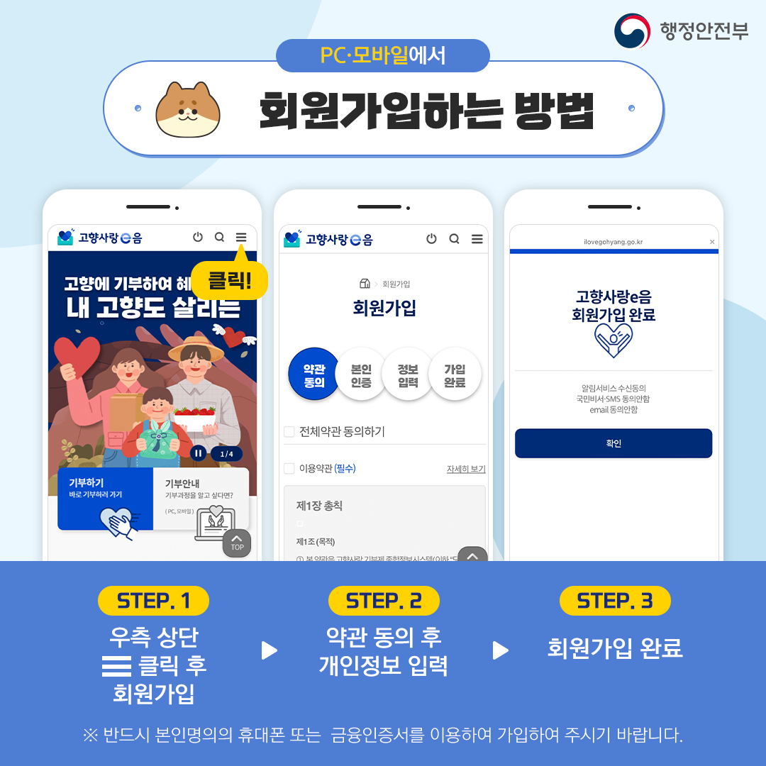 
                      		회원가입하는 방법
                      		PC는 화면 상단에 회원가입 버튼을
                      		모바일화면은 우측 상단의 전체메뉴 버튼 클릭 후 보이는 메뉴화면에서
                      		회원가입 버튼을 누르면 회원가입 페이지로 이동합니다.
                      		회원 가입 화면에서 약관 동의, 본인 인증, 개인 정보를 입력하여
                      		회원가입을 진행합니다.
                      	