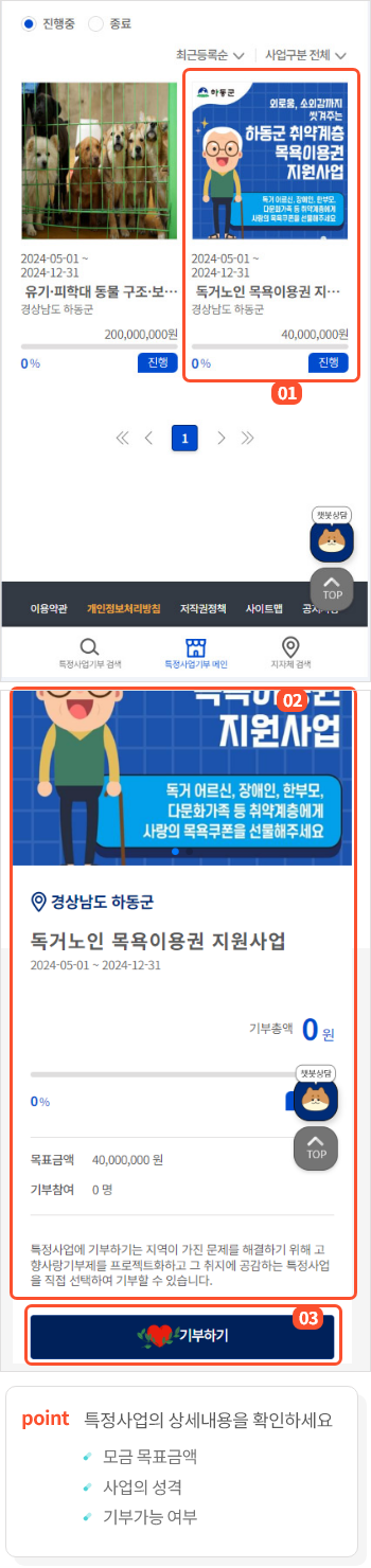 
                        	기부하실 특정사업을 정하여 해당 내용을 클릭하시면 상세 페이지로 이동합니다.

                        	상세페이지에서 기부하기 버튼을 클릭하시면 기부하기 페이지로 이동합니다.

                        	상세페이지에 목표 금액, 달성율, 남은 일자, 기부된 금액, 기부 참여수, 상세 내용,
                        	공지사항 등이 표시되니 내용을 확인하세요.
                        