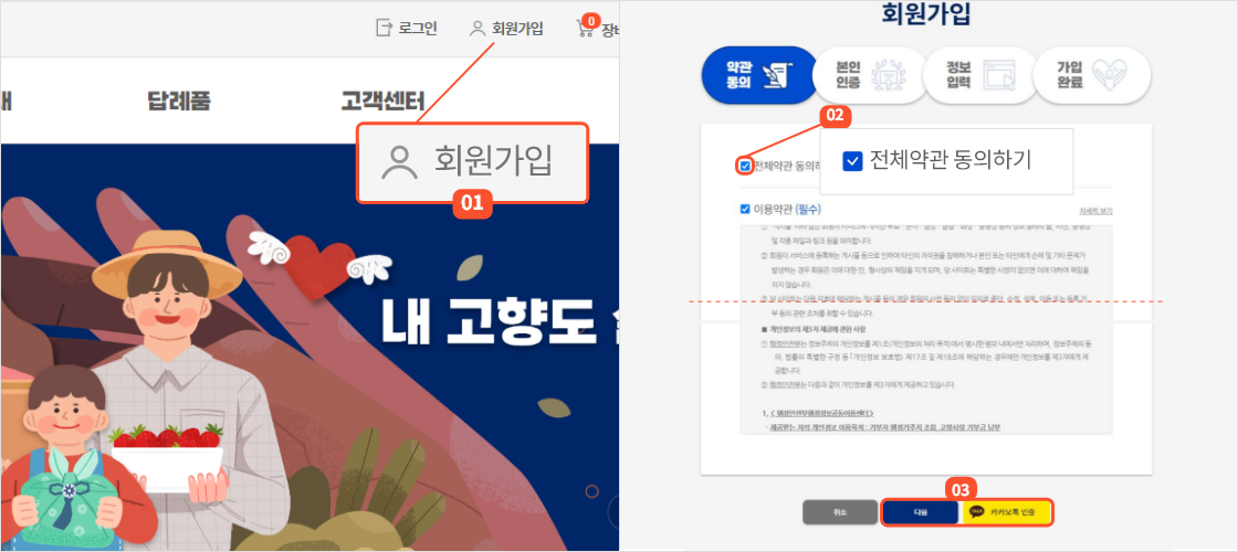 
                        	화면 상단에 있는 회원가입 버튼을 선택하여 약관동의 페이지가 열리면
                        	이용약관과 개인정보 수집 이용 동의, 제3자 이용 동의를 체크한 후
                        	다음 버튼 또는 카카오톡 인증 버튼을 클릭해 주세요.
                        	