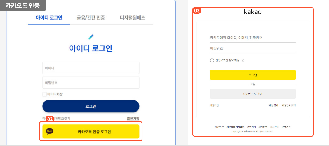 
                      	카카오톡 인증 로그인 방법은
                      	로그인 화면에서 카카오톡 인증 로그인 버튼을 누르면
                      	카카오톡 인증 로그인 화면으로 이동합니다.
                      	카카오톡 인증 로그인 화면에서 카카오톡 아이디와 비밀번호를 입력 후 카카오톡 인증을 진행합니다.
                      