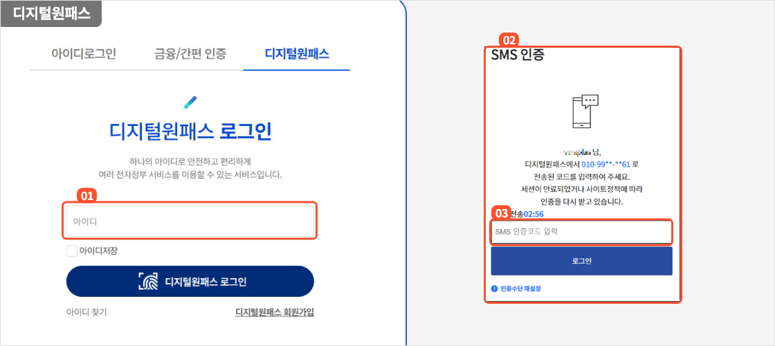 
                      	로그인 화면에서 디지털원패스 탭을 선택하면
                      	디지털원패스를 통한 로그인이 가능합니다.
                      	디지털원패스 아이디를 입력 후 디지털 원패스 로그인 버튼을 선택하면
                      	디지털원패스 로그인 진행을 위한 팝업이 제공됩니다.
                      